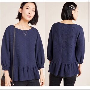 Anthropologie Maeve Textured Knit Peplum 3/4 Sleeve Blouse Navy Blue Size Small